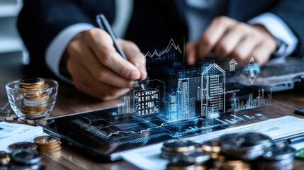 Aufkleber - business professional analyzing financial data using technology, with digital graphs and buildings projected on tablet. scene conveys innovation and modern finance