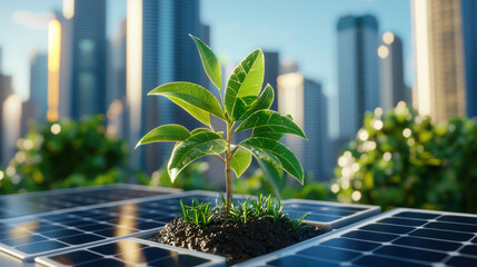 Poster - green plant growing on solar panels symbolizes cleaner future and sustainability in urban environments. This reflects hope and innovation in renewable energy