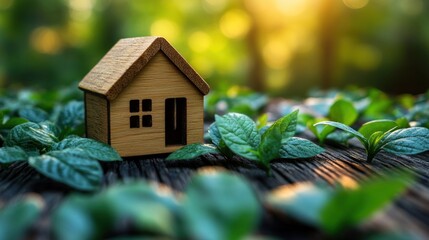 Wall Mural - Wooden house model nestled in lush green foliage on a rustic wooden surface, bathed in warm sunlight.