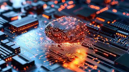 Wall Mural - conceptual image of artificial intelligence represented by glowing brain on circuit board, symbolizing technology and innovation