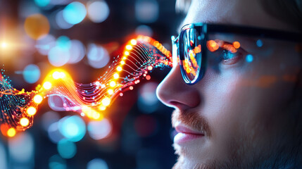 Fototapete - conceptual image of digital immortality featuring person with glasses, surrounded by vibrant light waves and abstract patterns, symbolizing technology and innovation