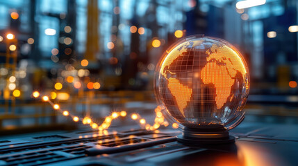 Poster - conceptual image of economic resilience featuring glowing globe representing global connectivity and trade. background showcases industrial setting with warm lighting