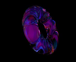Poster - Glitched holographic 3D ring on a dark background. Bold vibrant illustration in chrome neon colors.