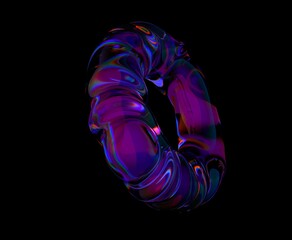 Poster - Glitched holographic 3D ring on a dark background. Bold vibrant illustration in chrome neon colors.
