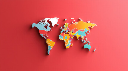 Poster - Colorful world map illustration on red background, showcasing various countries in distinct colors, ideal for educational or decorative purposes