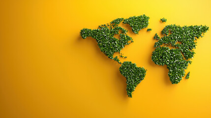 Poster - conceptual representation of green world map made of leaves on vibrant yellow background, symbolizing environmental awareness and sustainability