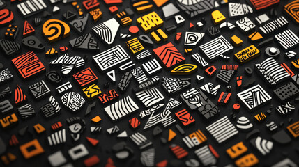 Fototapete - Creative assortment of hand drawn geometric shapes in vibrant colors, featuring black, white, orange, and red patterns. This artwork showcases dynamic and playful design aesthetic