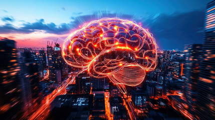 Aufkleber - creative concept of intelligence depicted by glowing brain over city skyline at dusk, symbolizing innovation and technology