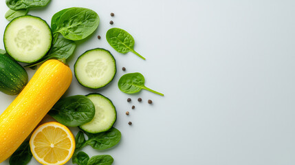 Wall Mural - Fresh vegetables including yellow squash, cucumber, spinach, and lemon arranged creatively on light background, showcasing vibrant colors and healthy ingredients