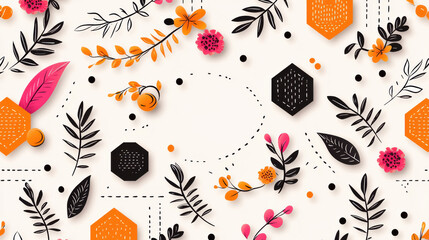 Poster - vibrant hand drawn geometric pattern featuring black hexagons, orange shapes, and colorful floral elements. This design exudes creativity and modernity, perfect for various applications