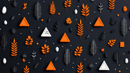 Aufkleber - Creative geometric pattern with orange and black elements, featuring leaves, triangles, and floral shapes on dark background, evoking modern artistic vibe