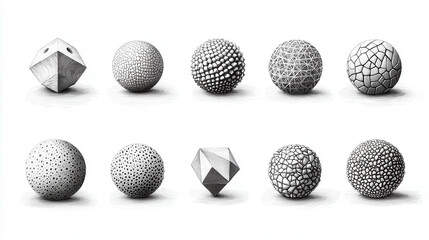 Fototapete - Geometric shapes in various textures and patterns, showcasing creativity and design. These hand drawn forms include spheres and polyhedra, emphasizing artistic expression