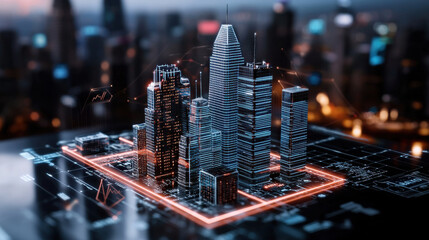 Aufkleber - digital rendering of futuristic city skyline with glowing buildings, showcasing growth chart and technology elements. This represents urban development and innovation
