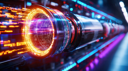 Poster - futuristic hydroelectric station design featuring glowing energy conduit, showcasing advanced technology and vibrant colors. scene evokes sense of innovation and progress