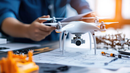 Fototapete - student in futuristic engineering class designs drone, showcasing creativity and innovation. workspace is filled with blueprints and tools, emphasizing hands on learning environment
