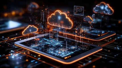 Poster - digital representation of cloud gaming technology showcasing vibrant clouds, data streams, and futuristic interface on tablet. This captures essence of modern gaming