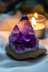 Canvas Print - Amethyst crystal illuminated by candlelight on a soft surface with a soothing ambiance