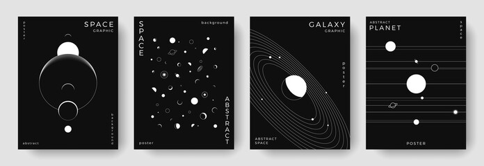 Set of abstract space astronomy backgrounds. Line art planet, galaxy, solar system, universe. Science future concept. Cosmic minimalist design for cover, poster, layout, banner, flyer, brochure