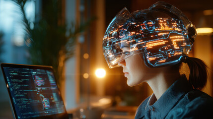 Aufkleber - futuristic workspace featuring woman wearing high tech helmet, collaborating with AI technology on laptop. scene highlights innovation and advanced technology