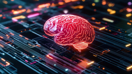 Poster - digital brain with circuit patterns symbolizes AI and technology integration. This vibrant representation highlights fusion of human intelligence and artificial systems, showcasing innovation