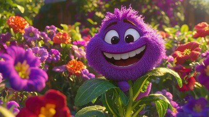 Wall Mural - Cartoon purple fluffy creature amidst colorful flowers in a garden setting.