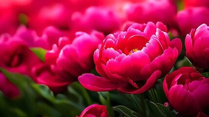Wall Mural - Pink peonies glowing in the spring sunset, making a beautiful banner.