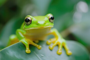 Wall Mural - A detailed view of a small green frog sitting on a leaf, natural habitat