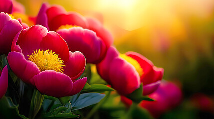 Wall Mural - Lush pink peonies blooming in the evening sun, creating an inviting spring banner with copy space.