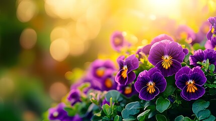 Wall Mural - Summer banner with vibrant purple pansies in garden at sunset, offering ample copy space.