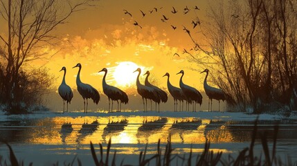 Wall Mural - Silhouettes of Cranes Against a Golden Sunset