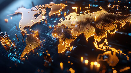 Fototapete - abstract representation of global GDP trends with illuminated world map. vibrant colors and intricate details highlight economic data visualization