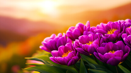 Wall Mural - Purple peonies blooming in spring garden under setting sun, perfect for spring banner with copy space.
