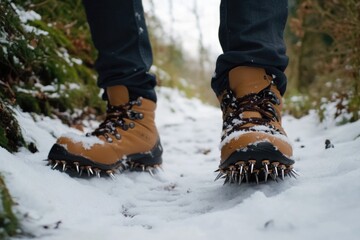 Sticker - A pair of boots with metal spikes in snowy terrain, great for outdoor winter activities or adventure themes