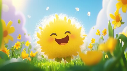 Wall Mural - Cheerful dandelion flower with happy face in a field of flowers.