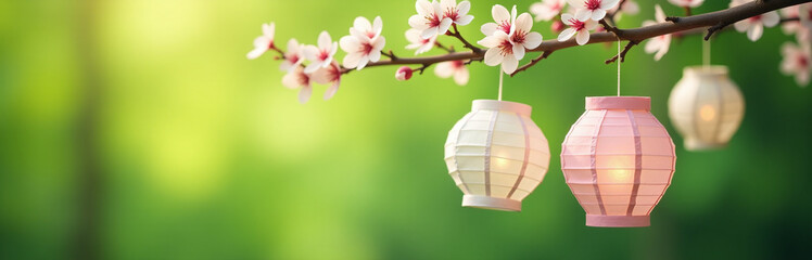 Wall Mural - delicate paper lanterns suspended from a blooming tree branch against a serene green bokeh nature ba