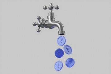 Aufkleber - Water tap dispensing currency coins; symbolizing financial flow or wealth.
