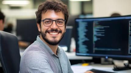smiling programmer: a young programmer with a bright smile and glasses looks directly at the camera,