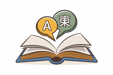 Poster - Open book with speech bubbles showing English and Japanese characters, representing language learning.