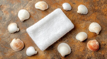 Coastal Spa Relaxation White Towel Seashells Summer Serenity