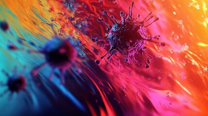 Aufkleber - Visualization of antibodies attacking virus particles in a dynamic color rich environment. Generative AI