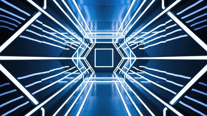 Fototapete - Futuristic blue neon tunnel with geometric patterns and reflective surfaces creating an infinite perspective.