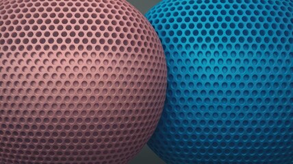 Poster - Two spheres with a textured surface of small holes, one pink and one blue, are touching.