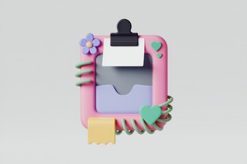 Poster - Pink 3D clipboard with floral and heart decorations, blank note.