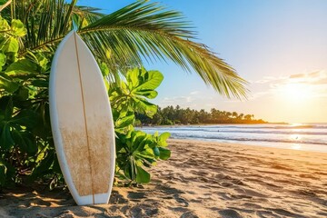 Tropical Sunset Beach Surfboard Scene Idyllic Summer Vacation Paradise