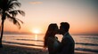 © BONDET LUCKY - Romantic couple kissing at sunset on a beach, volumetric lighting, warm golden glow, radiant luxurious aesthetic