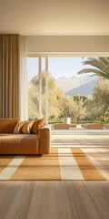 Wall Mural - Serene living room with mountain view and warm color palette in a modern home