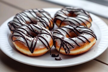 Wall Mural - A delicious dessert arrangement featuring chocolate covered doughnuts on a white plate