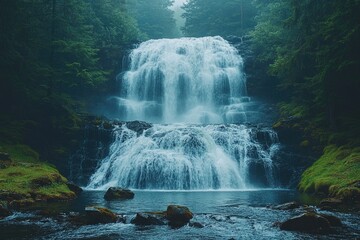 Sticker - A scenic waterfall surrounded by lush greenery and towering trees