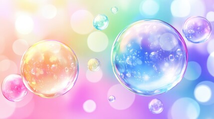 Transparent spheres in vivid rainbow colors floating on a soft gradient pastel background, mesmerizing and dreamy, colorful bubbles, abstract art