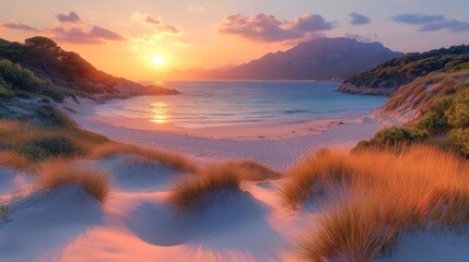 Wall Mural - Sunset over secluded beach with white sand, dunes, and turquoise water.